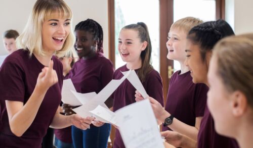 Image 5 children holding sheet music being led by a choir leader