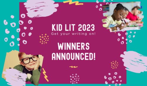 Kid Lit 2023 written on a purple background surrounded by purple and yellow animated scribbles There are two images of children writing