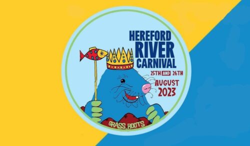 Hereford River carnival written on a yellow and blue background with a drawing of a mole and the dates 25 and 26 August 2023