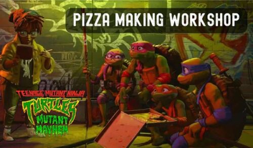Four teenage mutant ninja turtles kneel down gathered around a pizza box On the left is a young woman looking at her phone