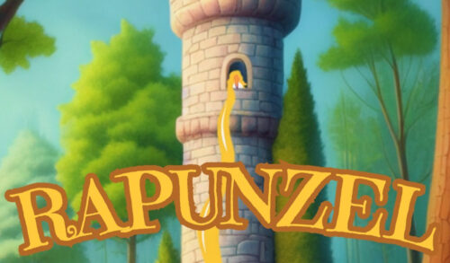 An illustrated image of a tall tower inside a forest Inside a window is a girl with long blonde hair that reaches the floor Writing reads Rapunzel