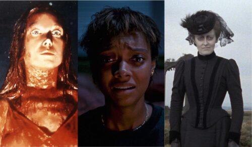 3 images of women in horror films The first is a young woman stood in a prom dress covered in blood The second is a young woman in a jumper who looks forward with concern The final image is an older woman wearing an oldfashioned black dress