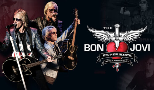 Three images of a Bon Jovi lookalike holding guitars and singing next to a logo of a sword in a heart that reads The Bon Jovi Experience