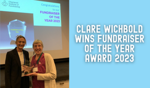 A photo of Clare holding an award next to writing that says Clare Wichbold wins Fundraiser Of The Year