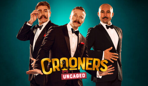 Three men in suits and long moustaches look curiously at the camera Writing reads Crooners Uncaged