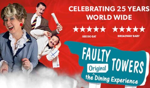 Three actors dressed as the Faulty Towers cast a waiter screaming towards the camera a man in a suit looking angry at a telephone and a woman tilting her head to the side smiling They are stood next to a sign that mimics the sign from the TV show that reads Faulty Towers the original dining experience