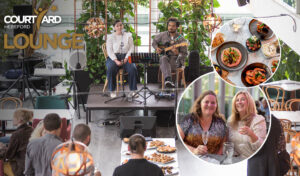 Live On The Lounge - two people perform on a small stage on The Courtyard lounge - there are two images in circles, one with small plates and the other with two women holding wine glasses.