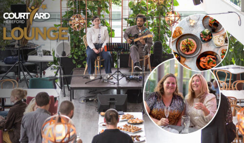 Live On The Lounge  two people perform on a small stage on The Courtyard lounge  there are two images in circles one with small plates and the other with two women holding wine glasses