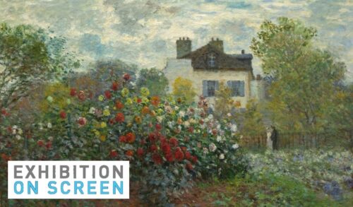 A painting by Monet of a large garden house and a couple standing together