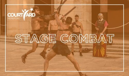 Scantily clad men in roman dress sword fighting Text reads Stage Combat