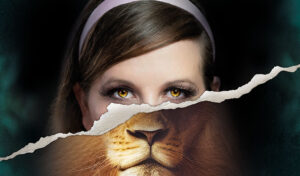 Half a woman's face and half a lion's face torn through the middle