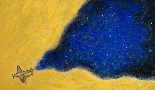 A painting of a plane flying through a cloud of yellow to reveal a blue nights sky