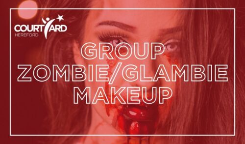 A close up image of a woman wearing glamorous makeup with fake blood pouring our of her mouth Text reads Group ZombieGlambie Makeup