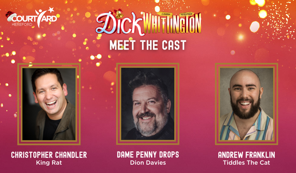 Headshots of the Dick Whittington cast in gold frames