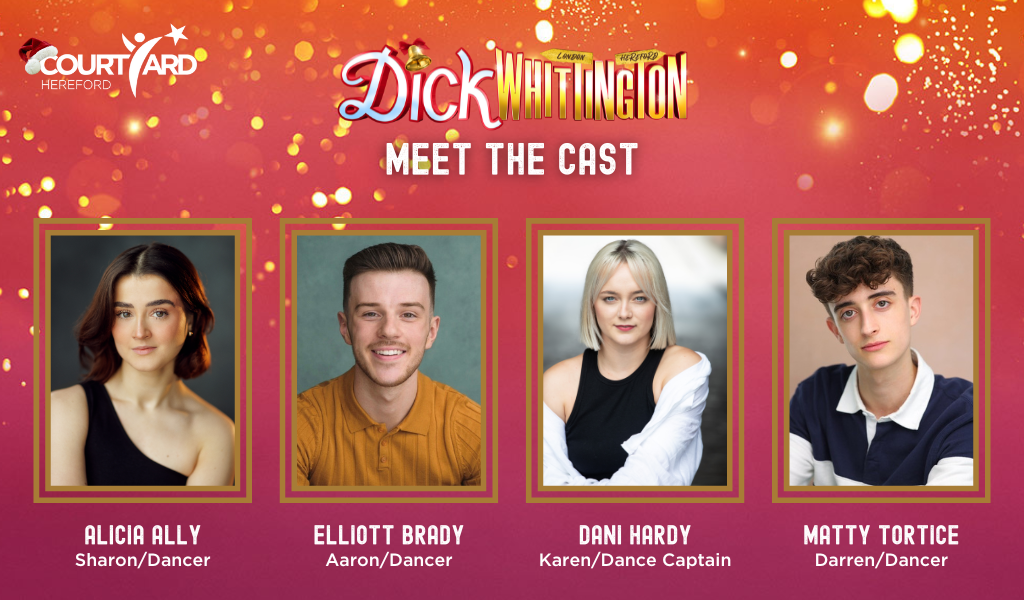 Head shots of the Dick Whittington cast in gold frames