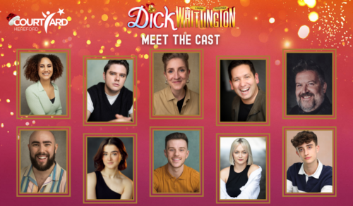 Headshots of the pantomime cast in gold frames against a sparkly background