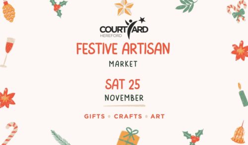 Different Christmas graphics around the edge of an image Writing reads Festive Artisan Market Sat 25 November Gifts Crafts Art