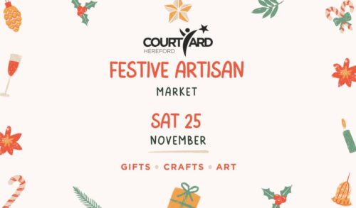 Different Christmas graphics around the edge of an image Writing reads Festive Artisan Market Sat 25 November Gifts Crafts Art