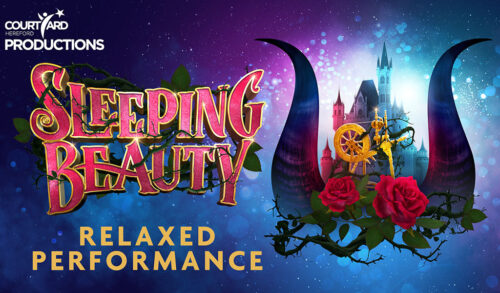 Sleeping Beauty  Relaxed Performance  a purple and blue sparkly image with a castle horns roses thorns and a spinning wheel