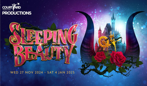 Sleeping Beauty  a purple and blue sparkly image with a castle horns roses thorns and a spinning wheel
