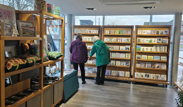 Two women browsing shelves of cards