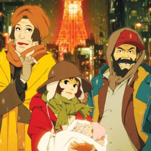 An animated image of 3 homeless people in Tokyo. One of them is holding a baby wrapped in a blanket. 