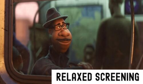 An animated image of a man in a hat sat on a bus The text in the bottom right reads Relaxed Screening