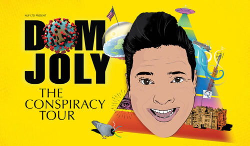 Dom Jolly The Conspiracy Tour  a cartoon of a mans head on a yellow background