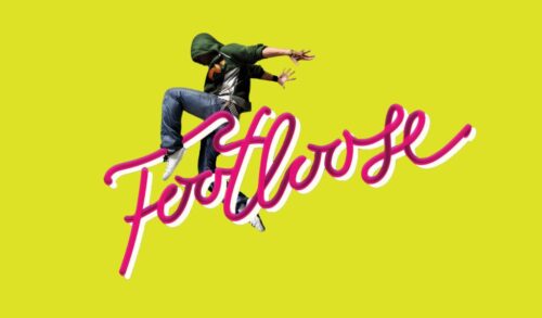 An image of a dancer jumping over the word Footloose written in pink