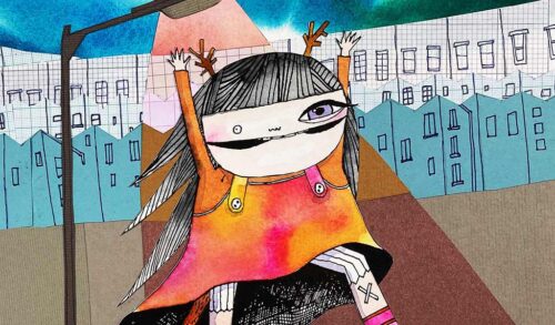 An illustration of a girl with one big eye and one small holding her hands in the air She has reindeer antlers and stands in front of a row of houses