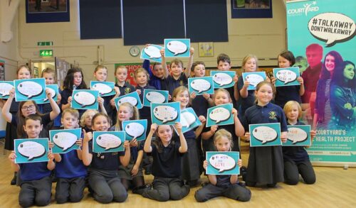 An image of a group of children holding speech bubbles next to a pull up banner that reads Talk Away Dont Walk Away