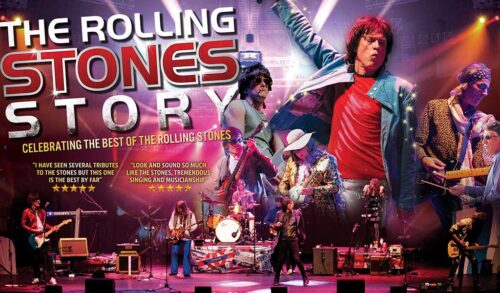 A collage of images of men performing as The Rolling Stones Writing reads The Rolling Stones Story Celebrating the best of the Roling Stones There are two 5star reviews