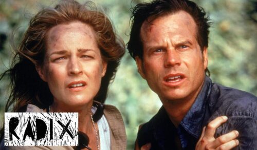 A still image from the film Twister in which Helen Hunt and Bill Paxton look toward the camera In the bottom left is the Radix film club logo