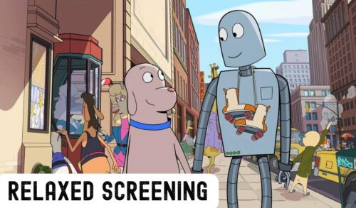 An animated image of a dog and a robot holding hands in a street Text in the bottom left reads Relaxed Screening