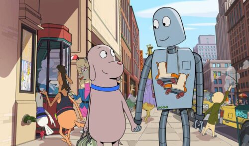 An animated image of a dog and a robot holding hands in a street