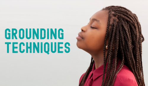 The side profile of a young girl with her eyes closed The text reads grounding techniques