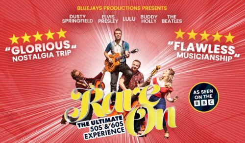 Four musicians dressed in 50s and 60s dress Writing reads Rave On the ultimate 50s  60s experience