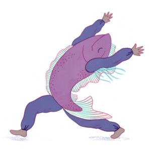 An illustration of a purple fish doing a back bend with arms in the air and legs apart in a lunge