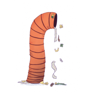 An illustration of a sewage pipe with eyes, out of it's mouth is falling rubbish