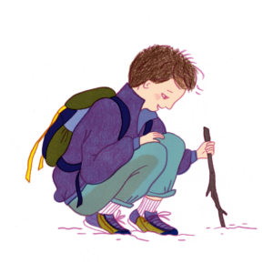 An illustration of a young boy dressed in a purple jacket and blue trousers. He is wearing a backpack and holding a stick. He is crouched down on the floor