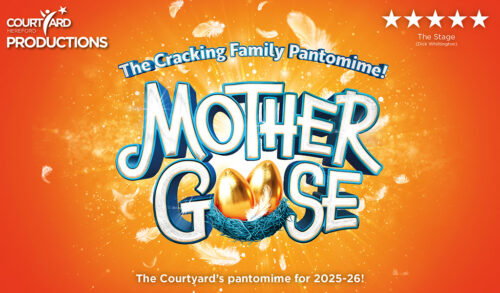 Mother Goose written in white sparkly writing on top of a golden background with feathers falling around The oo in Goose is two golden eggs