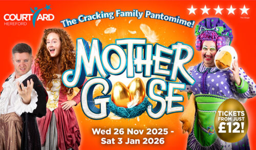 Mother Goose written in white sparkly writing on top of a golden background with feathers falling around The oo in Goose is two golden eggs Around the logo are three characters dressed in panto costumes  a woman with a pink dress and ginger hair a man looking menacing in a black cloak and white frilly shirt and a Dame in a green and purple costume with a goose on her shoulder There is an egg in the bottom right corner that has text on it that reads Tickets from just 12