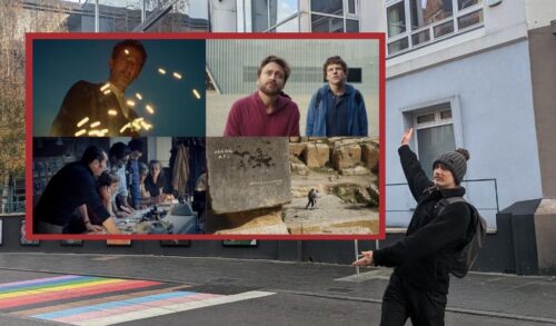 A man in a coat and hat stands in the street with his arms out stretched In the direction his arms are pointing is 4 still images from films