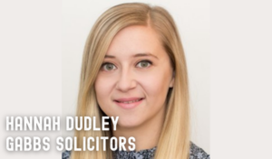 A woman smiling at the camera. Text reads Hannah Dudley Gabbs Solicitors