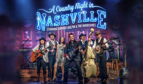 A Country Night In Nashville  written in blue light font above a bad of country music singers in cowboy hats