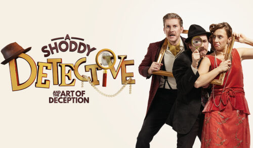 A Shoddy Detective written next to 2 men and a woman in 1920s clothing
