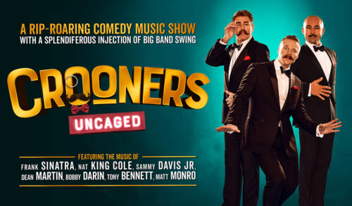 Crooners Uncaged written on a teal background with 3 men dressed in suits and dickie bows to the side
