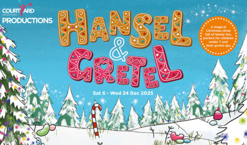 Hansel  Gretel in orange and pink gingerbread font on top of a blue illustrated sky and snowscape