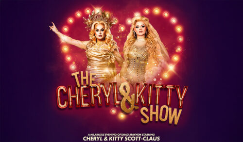 The Cheryl  Kitty Show  the two drag artists stand in an illuminated heart with their name in lights underneath