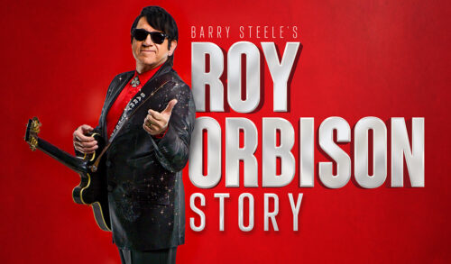 The Roy Orbison Story written on a red background next to a man dressed as Roy Orbison holding a guitar and pointing at the camera